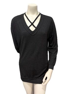 Cupio Criss Cross V-Neck Long Sleeve Top Black Gray Size M